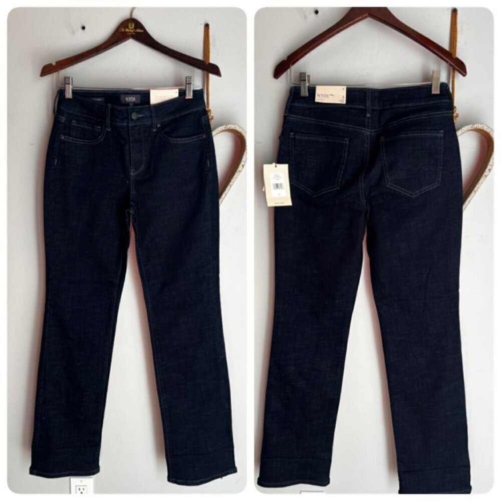 NYDJ Womens Marilyn Straight Jean W/ 3 Printed Cuff Sz 4 in Rinse Dark Blue